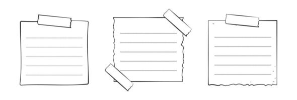 Hand drawn memo paper sheet set, sticky note, reminder, to do list, sticky tape. Bullet journal elements in line art doodle style. vector