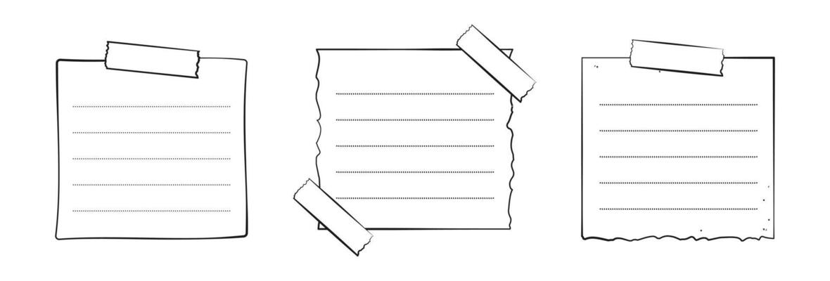 Hand drawn memo paper sheet set, sticky note, reminder, to do list, sticky tape. Bullet journal elements in line art doodle style.