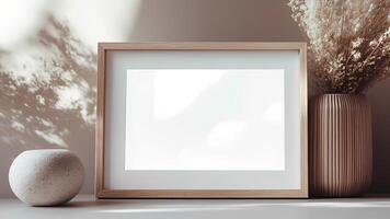 Mockup of a blank picture frame on a table with a vase of dried flowers photo