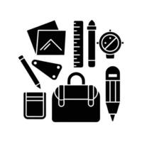 School and education icon set in black silhouette style with books, globe, pencil, calculator, ruler, backpack, and graduation cap illustrations. vector