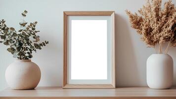 Mock up of a blank frame on a shelf with a vase of dried flowers photo