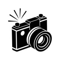 Flat illustration of a classic digital camera icon in black silhouette. Perfect for photography, travel, media, photo app UI, and camera-related graphic or logo design elements. vector