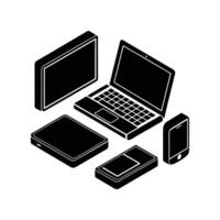 Modern flat illustration of laptop, smartphone, and tablet icons. Minimalist digital device silhouette design for tech, electronics, communication, and user interface concepts. vector