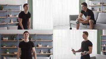 Young man engages in a diverse workout routine using dumbbells at home. He performs shoulder raises, rests between sets, and completes bicep curls, promoting a healthy lifestyle. video