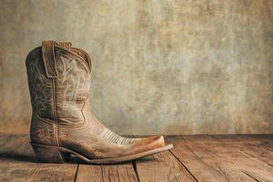 A single worn cowboy boot on a dusty wooden floor, subtle lighting, faded barn wall in the background copy space photo