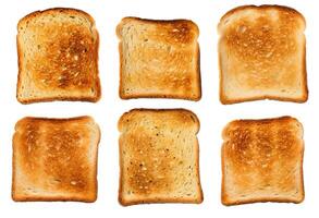 Variations of perfectly toasted bread slices arranged symmetrically on a white background showcasing different shades of golden brown crust photo