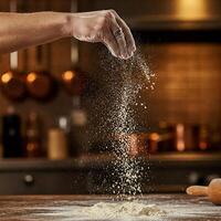 Chef Hand Sprinkling Flour in Rustic Kitchen photo