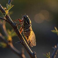 Desert Cicada on Sunlit Ocotillo Branch photo