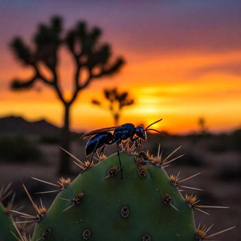Tarantula Hawk Wasp on Prickly Pear Cactus at Sunset photo