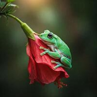Tree Frog Nestled in Blooming Red Hibiscus photo