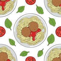 top view of meatballs and spaghetti with tomato ketchup seamless pattern vector