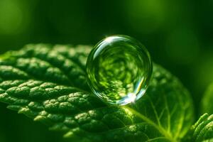 Ultra-Macro of a Water Droplet Resting on a Crinkled Mint Leaf photo