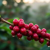 Ripe Red Coffee Cherries on Branch with Morning Dew photo