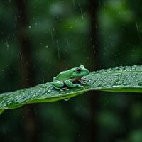 Neon Green Tree Frog on Wet Banana Leaf in Rainforest photo