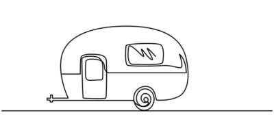 Camper trailer in continuous line art drawing style. Caravan recreational vehicle black linear sketch isolated on white background vector