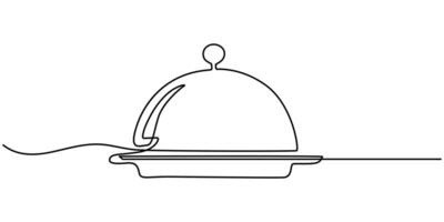 continuous one line drawing waiter with tray closed lid restaurant concept vector