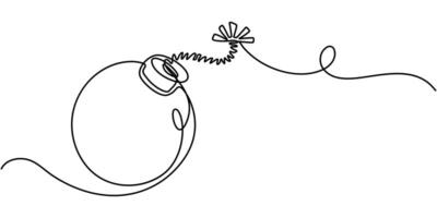 Bomb with burning fuse in one Continuous line drawing, Stress explosion and boom concept vector