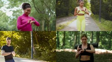 A collection of individuals engaged in fitness activities. They are of varied backgrounds, showcasing running and yoga against a lush, green landscape, promoting a healthy lifestyle. video