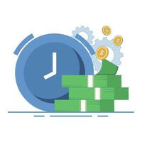 easy money concept. coins, banknotes, clocks and gears. fast and efficient financial growth, time-saving income, efficient financial processes. Flat design illustration in the background. vector