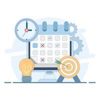 Time Optimization Concept. Calendar with Clock and Target Arrow. Deadline, Big Timer. Time Management. Design Illustration in the background. vector