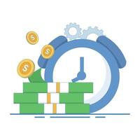 easy money concept. coins, banknotes, clocks and gears. fast and efficient financial growth, time-saving income, efficient financial processes. Flat illustration in the background. vector