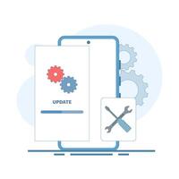 Repair and update concept, System software update, data update, loading update process on smartphone screen screwdriver key. Isolated background flat design illustration. vector