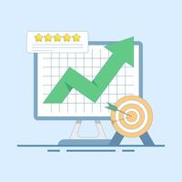 Reputation Marketing Concept. Computer with Target Arrow and Rating Stars. expert stars, excellence or great service, professional quality and good reputation, or best rating. flat design. vector