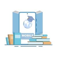Online education concept, Smartphone with globe, open book. webinar, online business training, e-learning concept, Digital marketing. Flat cartoon design illustration on isolated background. vector