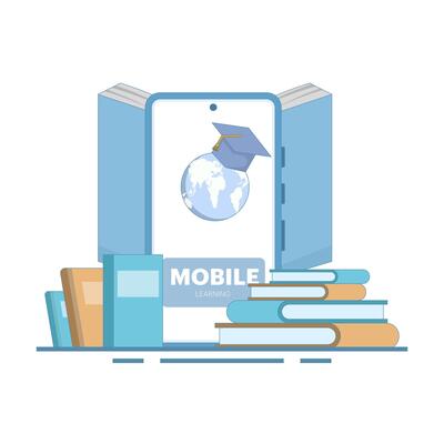 Online education concept, Smartphone with globe, open book. webinar, online business training, e-learning concept, Digital marketing. Flat cartoon design illustration on isolated background.