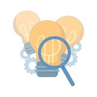 concept of seeking inspiration. finding and exploring creative ideas, solutions, innovation. research and exploration. finding solutions. magnifying glass with light. flat design illustration. vector