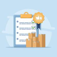 Product Quality Approval Concept. Clipboard with Approval Badge and Box. Product quality control inspection. Checklist and medal badge that guarantees superior delivery service. Flat Design. vector