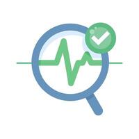 health tracking concept, magnifying glass with waveform graph and checkmarks. health equipment application. medical diagnostics, fitness analysis or health monitoring. Flat illustration vector