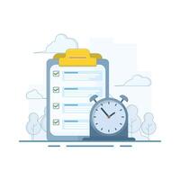 Timely Task Concept. Clipboard and Clock. finishing work or achieving goals before deadline, time management, productivity to achieve targets on time, Flat Design Illustration. vector