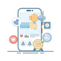Digital Marketing Concept. Mobile Phone with Handheld Megaphone and React. Advertising campaign and online promotion in mobile applications, advertising content in social networks. Cartoon design. vector