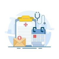 Medical appointment concept. Clipboard calendar, stethoscope, email notification. Selecting available dates to visit a doctor. Doctor appointment scheduling. Flat design illustration background. vector