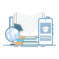 Online education concept, Open book with smartphone, World map webinar, Online business training, E-learning concept, Digital marketing. Flat cartoon design illustration on isolated background. vector