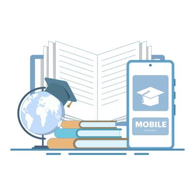 Online education concept, Open book with smartphone, World map webinar, Online business training, E-learning concept, Digital marketing. Flat cartoon design illustration on isolated background.
