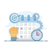 Time Optimization Concept. Calendar with Clock and Target Arrow. Deadline, Big Timer. Time Management. Flat Design Illustration on the background. vector