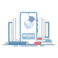 Online education concept, Smartphone with globe, open book. webinar, online business training, e-learning concept, Digital marketing. Flat design illustration on isolated background. vector