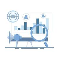 Visitor traffic concept organizes statistics graphs, user engagement and conversion rates, tracking site traffic. Globe laptop monitor focus with visits graph, flat design illustration. vector