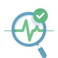 health tracking concept, magnifying glass with waveform graph and check mark. health equipment application. medical diagnostics, fitness analysis or health monitoring. Flat icon illustration vector