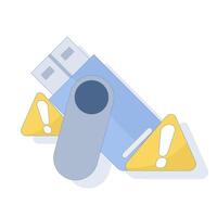 Flash drive warning concept. A USB flash drive lying on the floor with an exclamation mark. A warning not to pick up flash drives randomly due to the risk of viruses, or potential digital crime. vector