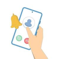 incoming call notification concept. smartphone with screen showing phone call and bell. symbol or icon. technology and information. illustration of minimalist style design elements vector