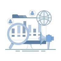 Visitor traffic concept organizes statistics graphs, user engagement and conversion rates, tracking site traffic. Globe laptop monitor focus with visits graph, flat illustration. vector