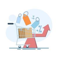 The concept of inflation or rising prices. The design features price tags, a shopping cart, and an upward-pointing arrow, symbolizing rising costs and economic trends. Flat illustration. vector