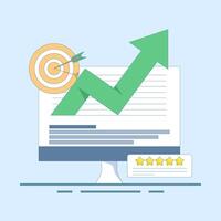 Reputation Marketing Concept. Computer with Target Arrow and Rating Stars. expert stars, excellence or great service, professional quality and good reputation, or best rating. flat design illustration vector