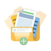 digital storage concept, multiple file folders with documents in them, well-organized file management system. document organization, cloud computing, and easy access. flat cartoon design illustration. vector