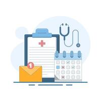 Medical appointment concept. Clipboard calendar, stethoscope, email notification. Selecting available dates to visit a doctor. Scheduling a doctor's appointment. Background design illustration. vector