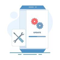 Repair and update concept, System software update, data update, loading update process on smartphone screen screwdriver key. flat cartoon design illustration isolated background. vector