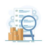 inventory management concept. organize and control inventory of goods or products. list several boxes or inventory items in a warehouse. jobs and tasks. flat design illustration vector